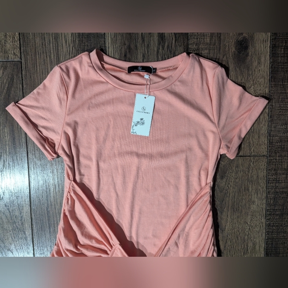 LILLUSORY Womens Front Wrap Short Sleeve Ruched T Shirt Dress Peach Coral Small - Picture 2 of 11